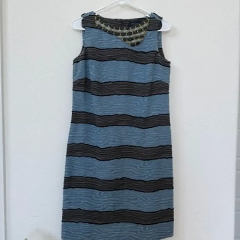 PIAZZA SEMPIONE Sleeveless Shift Dress Blue Black Textured Stripe Beaded Italy 8